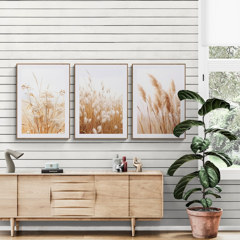 Dry Pampas Grass Neutral Wall Art Set of 3 in a living room with wooden cabinet and floor plant