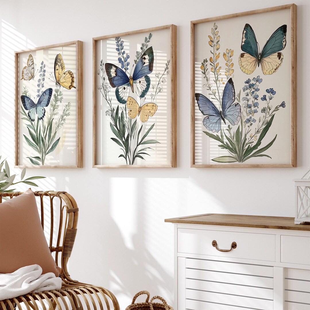 Blue Butterfly Print Set of 3, Vintage Botanical Wall Art, Nature ...