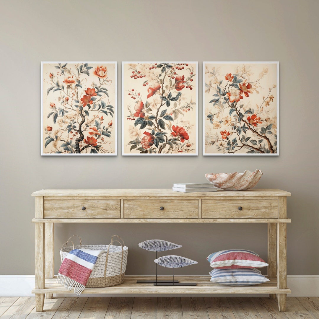 Botanical Wall Art Set of 3, Red Floral Prints, Vintage French Country ...