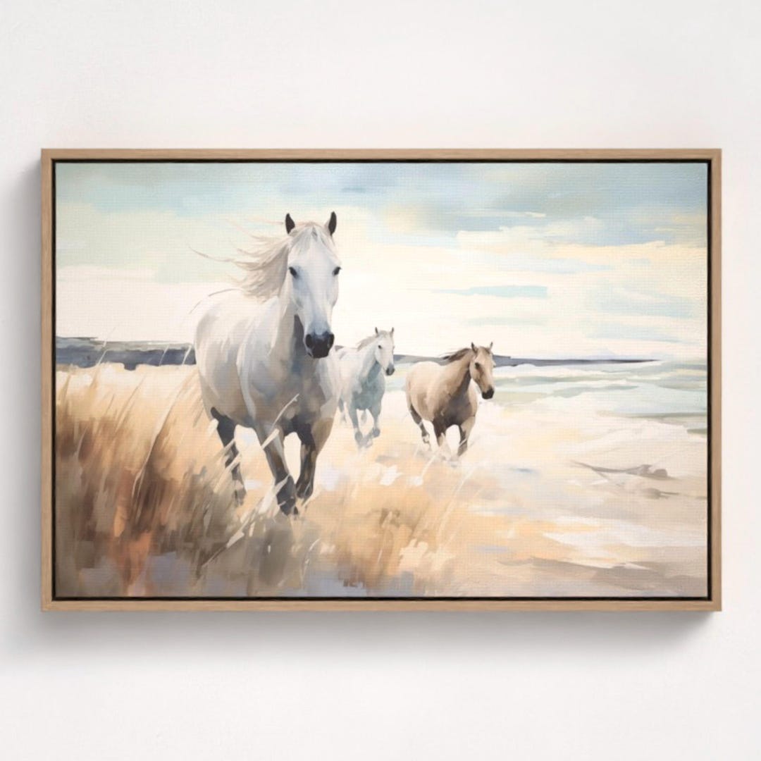 Galloping Horses Beach Canvas Art With Float Frame, Coastal Sunset Wall ...