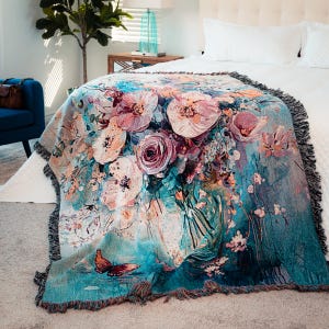 Floral Jacquard Woven Blanket Wall Tapestry Cotton Throw Blanket Gift For Her Fall Throw Blanket Unique Blanket Nursery Gift Floral Blanket