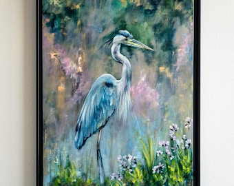 Blue Heron Marsh Oil Painting, Original 18x24 Framed Canvas, Wildflower Bird Art