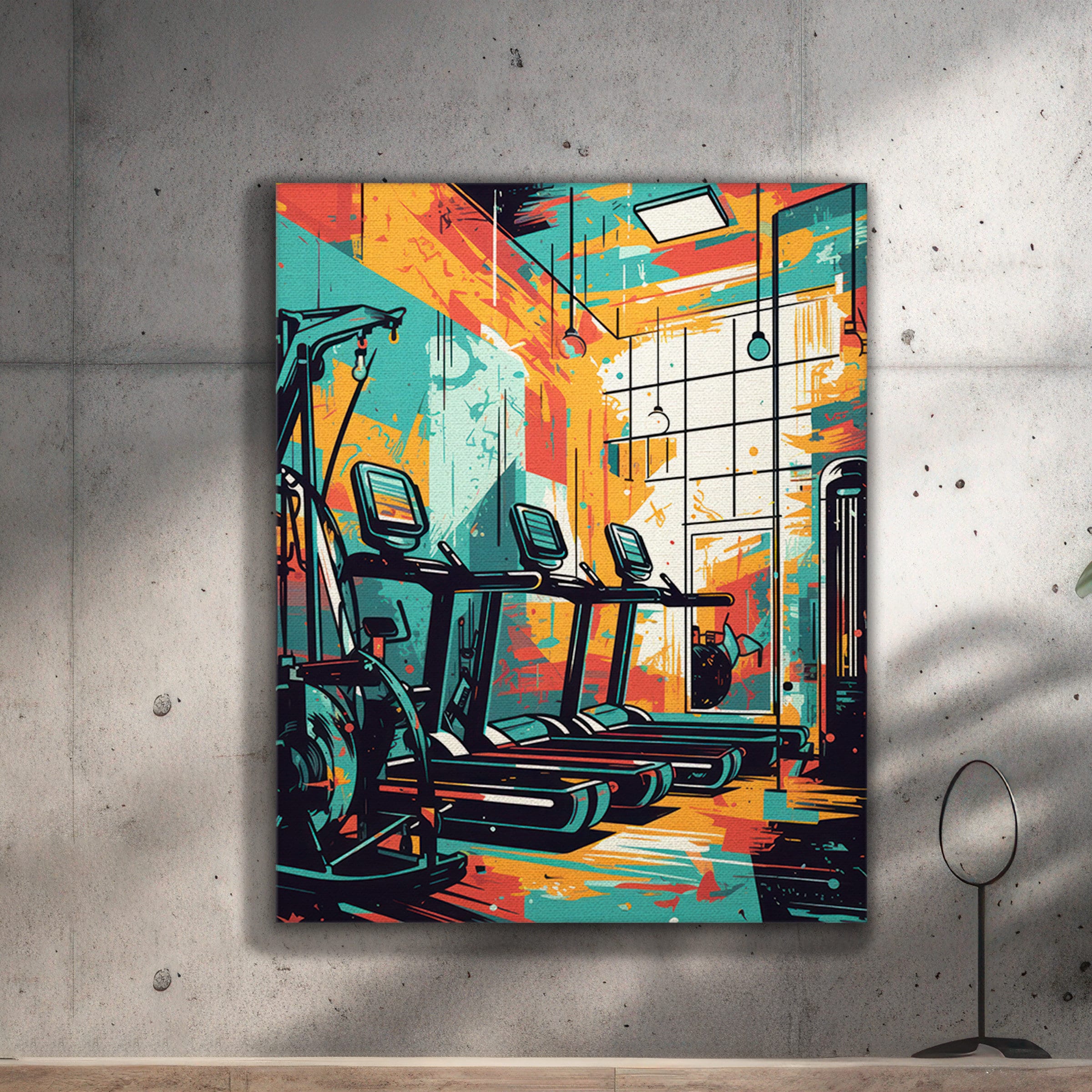 Gym Interior Wall Art, Orange Teal Fitness Poster, Treadmill Room