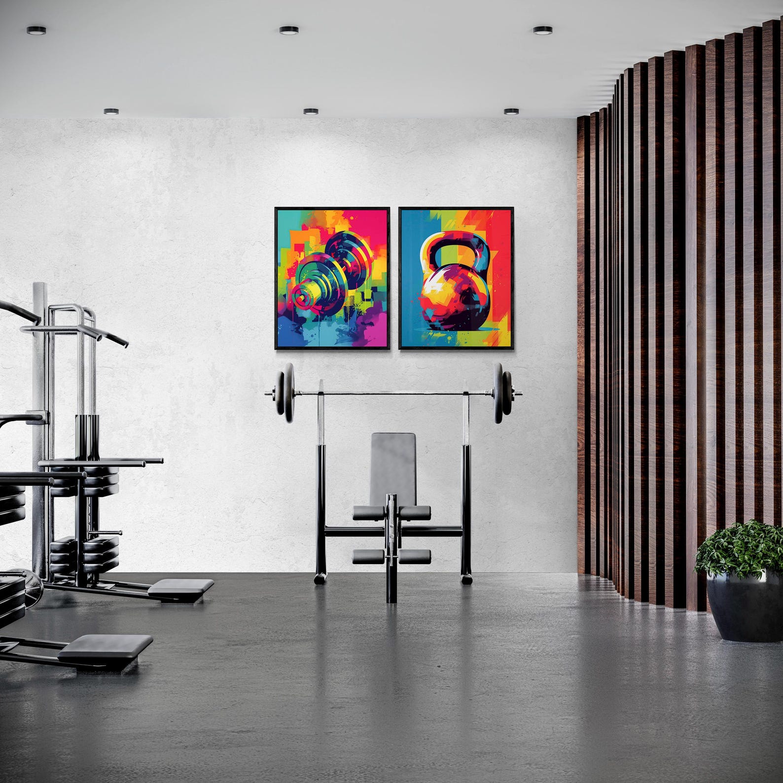 Gym Wall Decor Set of 2, Dumbbell & Kettlebell Framed Canvas Wall Art ...