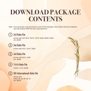 May include: A beige background with brown text outlining the different file sizes included in a digital download package. The text includes the file size ratios, such as 2x3, 3x4, 4x5, 11x14, and ISO (International). The file sizes are listed in inches and centimeters.