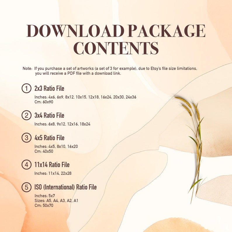 May include: A beige background with brown text outlining the different file sizes included in a digital download package. The text includes the file size ratios, such as 2x3, 3x4, 4x5, 11x14, and ISO (International). The file sizes are listed in inches and centimeters.
