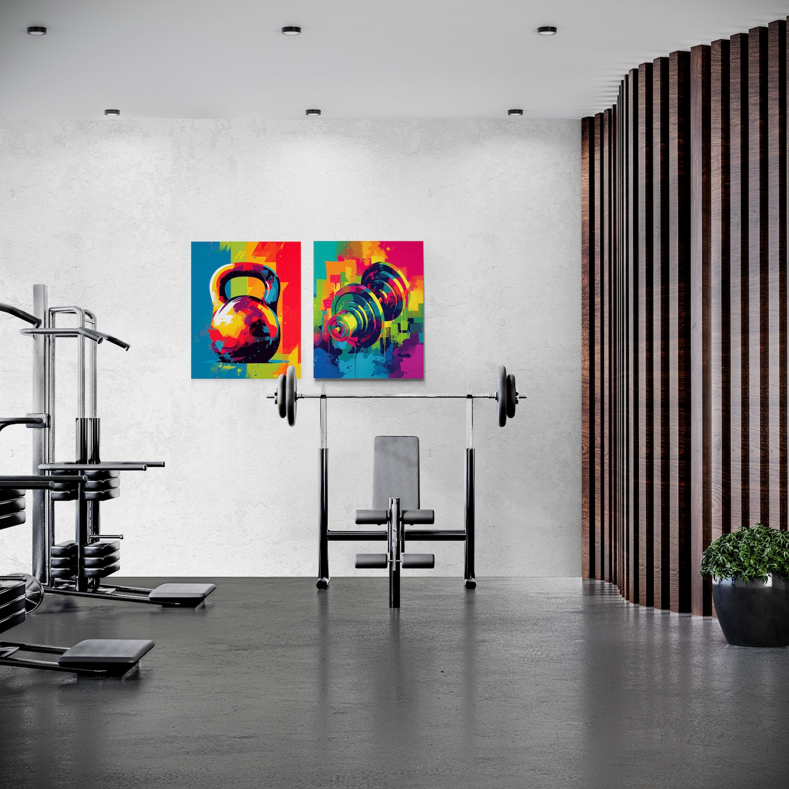 Gym Artwork Set of 2, Dumbbell & Kettlebell, Colorful Pop Art Style ...
