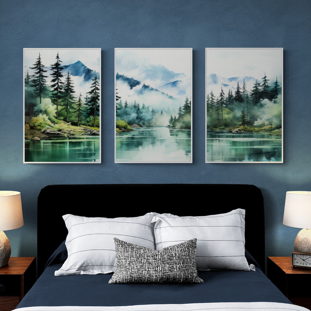 Mountain Lake Wall Art Set of 3, Foggy Forest Prints, Blue Green ...