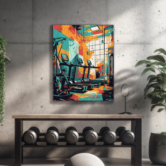 Gym Interior Wall Art, Orange Teal Fitness Poster, Treadmill Room