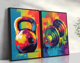 Set of 2 Gym Wall Art, Dumbbell Kettlebell Posters, Colorful Fitness Decor, Workout Motivation Prints, Home Gym Digital Download