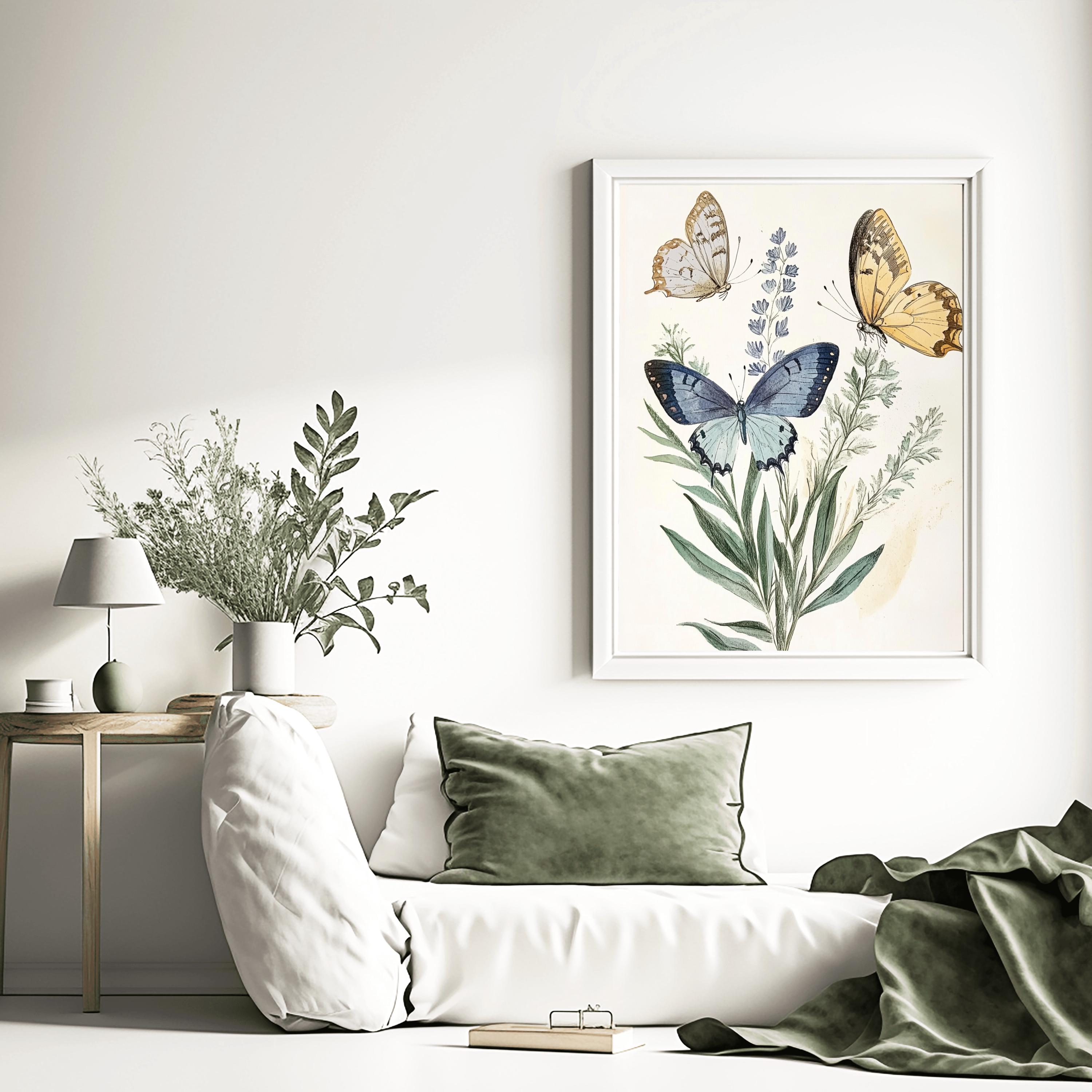 Blue Butterfly Print Set of 3, Vintage Botanical Wall Art, Nature ...