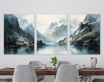 Misty Mountain Wall Art Set of 3, Blue Fjord Prints, Watercolor Landscape, Triptych Norway Decor, Digital Download