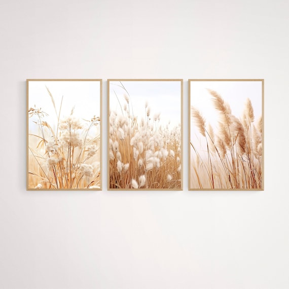 Pampas Grass Wall Art Set of 3, Neutral Prints, Pampas Wall Decor, Dry Grass Botanical Art, Beige Home Decor, Digital Download