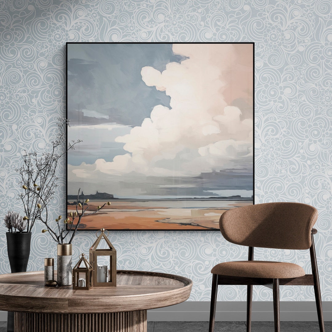 Sunset Cloud Art Print, Coastal Beach Painting, Blue Pink Sky Wall ...