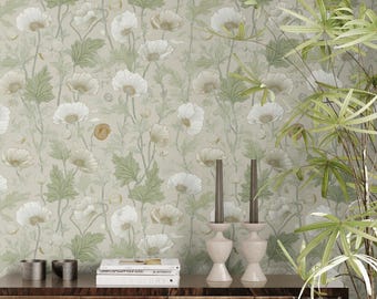 Sage Green Floral Wallpaper Peel And Stick, Ivory Poppy Wildflower Wallpaper - Renter Friendly & Removable