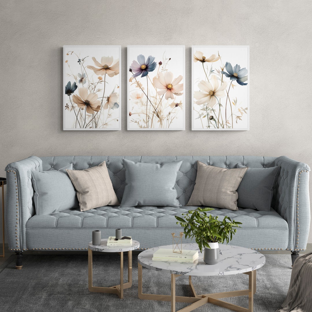 Wildflower Prints, Blue Floral Prints Set of 3, Cosmos Poster, Blush ...