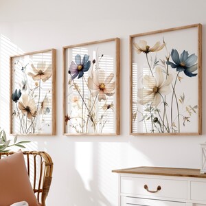 Cosmos Flower Wall Art Set of 3, Blue Beige Botanical Prints, Neutral Wildflower Decor, Modern Minimalist Art, Digital Download