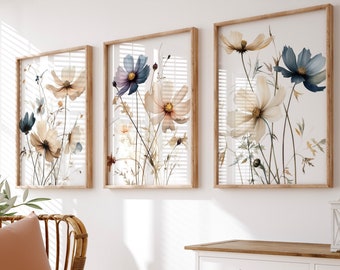 Cosmos Flower Wall Art Set of 3, Blue Beige Botanical Prints, Neutral Wildflower Decor, Modern Minimalist Art, Digital Download