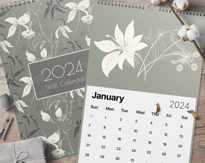 2024 Botanical Calendar, Annual Wall Calendar, Subdued Botanical Art, Monthly Calendar, Christmas Gift, Nature Art Calendar, Gift Ideas