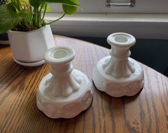 Pair of Westmoreland White Milk Glass - Paneled Grape Pattern Candle Holders