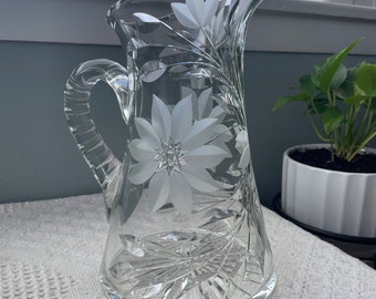 Antique American Brilliant Heavy Cut Glass Floral Etched Pitcher