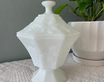 Anchor Hocking Octagon Milk Glass Grapes and Leaves Compote / Candy Dish With Lid