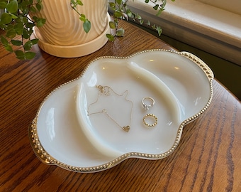 Vintage Fire King Milk Glass Serving/Trinket Dish with Gold Trim