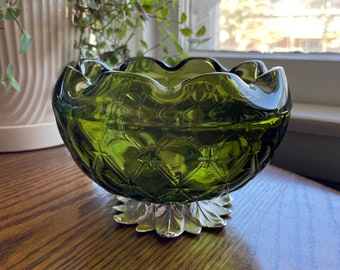 Vintage Indiana Glass Green Duette Quilted Diamond Bowl with Metal Pedestal