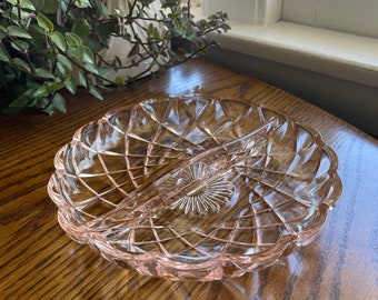 Vintage Pink Glass Relish Dish, Candy Dish, Trinket Dish