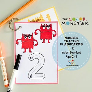 Cartes-éclair imprimables pour la recherche de nombres, activité de comptage de 1 à 10, fiches d'exercices de maths pour l'école maternelle, école à la maison, école maternelle préscolaire, histoire de monstres colorés