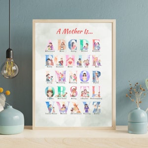 Cartel del alfabeto del Día de las Madres, acuarela ABC imprimible, regalo de baby shower, arte de pared de descarga digital, regalo de palabras de mamá, cartel educativo