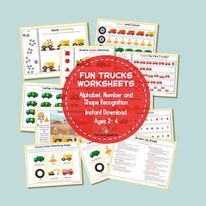 Construction Counting Worksheets 1 - 10 Preschool Number Matching Activity for pre-k Alphabet Printable for Daycare Trucks Learning Bundle