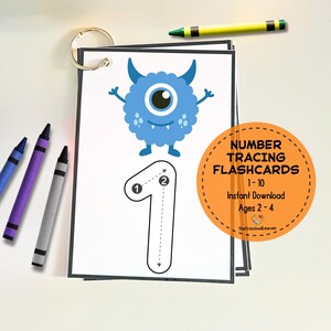 May include: Number tracing flashcards for ages 2-4, featuring a blue monster illustration and the number 1. The flashcards are held together by a metal ring, with crayons in blue, purple, gray, and yellow.