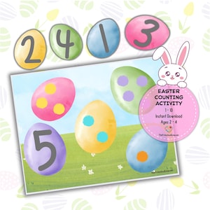 Könnte beinhalten: Eine Oster-Zähl-Aktivität für Kinder im Alter von 2-4 Jahren. Der Ausdruck zeigt Aquarell-Eier mit Zahlen und Punkten. Der Text "Easter Counting Activity 1-10 Instant Download Ages 2-4" ist enthalten.
