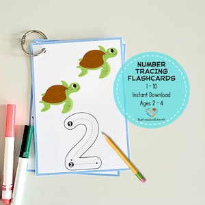 Puede incluir: Un conjunto de tarjetas de rastreo de números imprimibles con un diseño de tortuga marina verde. Las tarjetas están diseñadas para niños de 2 a 4 años e incluyen los números del 1 al 10. El texto en las tarjetas dice "Number Tracing Flashcards 1-10 Instant Download Ages 2-4 ThePreschoolLearner".