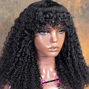 Curly bangs (No-closure).Full density. Premium Quality Virgin Human hair wig.(Medium cap size)