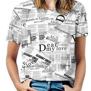 T-shirt a maniche corte con stampa grafica di giornale, primavera, estate, regalo, regali, 4 luglio, 4 luglio, Giorno dell’indipendenza, tema d’amore