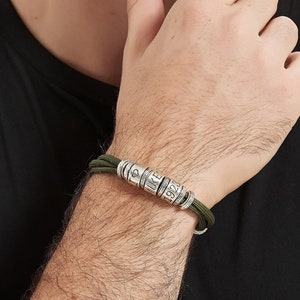 Mens Personalized Name Bracelet: Engraved Sterling Silver Beads, Nylon Rope