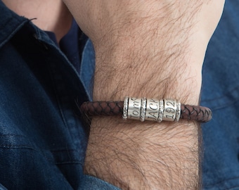 Personalized Leather Dad Bracelet, Sterling Silver Name Beads, Fathers Day Gift