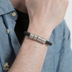 Custom Engraved Name Bracelet , Personalized Mens Leather Bracelet Sterling Silver Beads Bracelet for Him, Christmas Gift from Daughter
