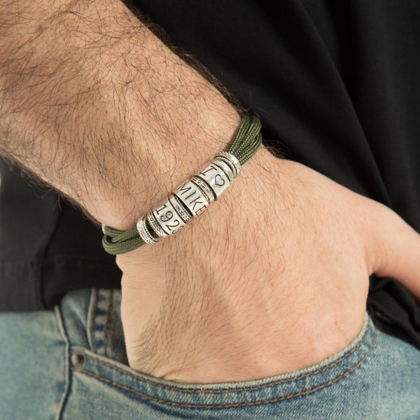 Personalized Mens Cord Bracelet, Custom bead bracelet with name engraved, Handmade bracelet gifts for Him kids husband dad Boyfriend Grandpa