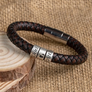 Custom Men&#39;s Leather Bracelet for Dad, Personalized Name Silver Bead Bracelet, Handmade Jewelry Gift