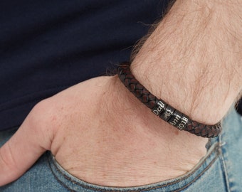 Personalized Leather Dad Bracelet: Sterling Silver Beads, Custom Engraving