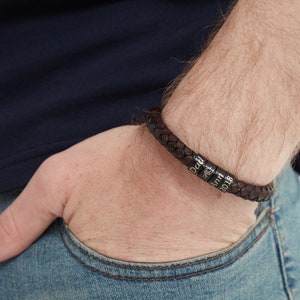 Personalized Father's Day Gift for Dad, Handmade Kid Bracelet with Silver Beads, Custom Mens Leather Bracelet, Christmas Valentines Day Gift