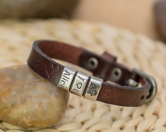 Personalized Leather Bracelet with Engraved Silver Beads