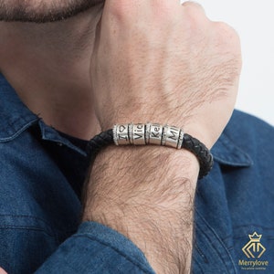 Regalos de Navidad personalizados para él papá, regalos de San Valentín del Día del Padre, pulsera de hombre hecha a mano con cuentas de plata, pulsera de cuero ajustable