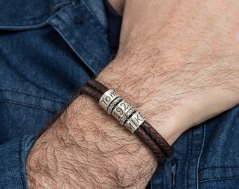 Bracelet homme personnalisé de taille personnalisée, bijoux en cuir faits main avec perles en argent, cadeaux de Noël pour la fête des pères pour lui enfant papa mari