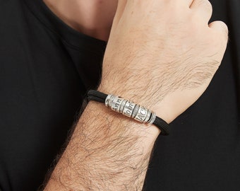 Personalized Mens Leather Bracelet: Sterling Silver Beads, Adjustable Dad Gift