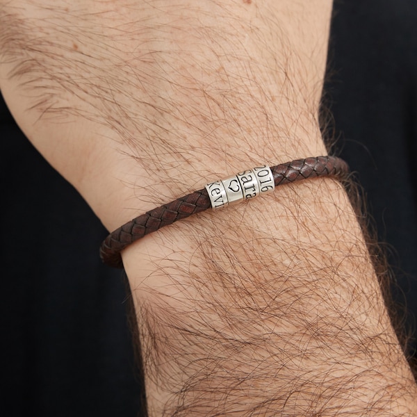 Bracelet en cuir personnalisé pour père avec nom d'enfant, bracelet de perles personnalisé pour homme, cadeau pour mari, cadeaux de Noël, cadeau pour papa et grand-père