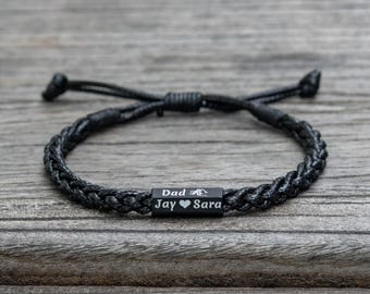 Personalized Engraved Bead Bracelet, Adjustable Woven Cord, Custom Name Jewelry